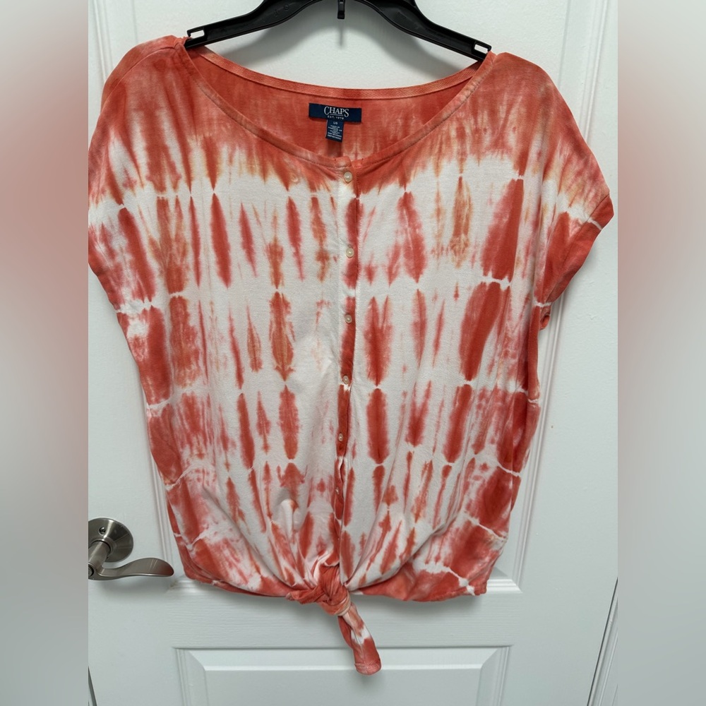 Chaps Women's Coral and White Tie-Dye Cap Sleeve Top, Size Large